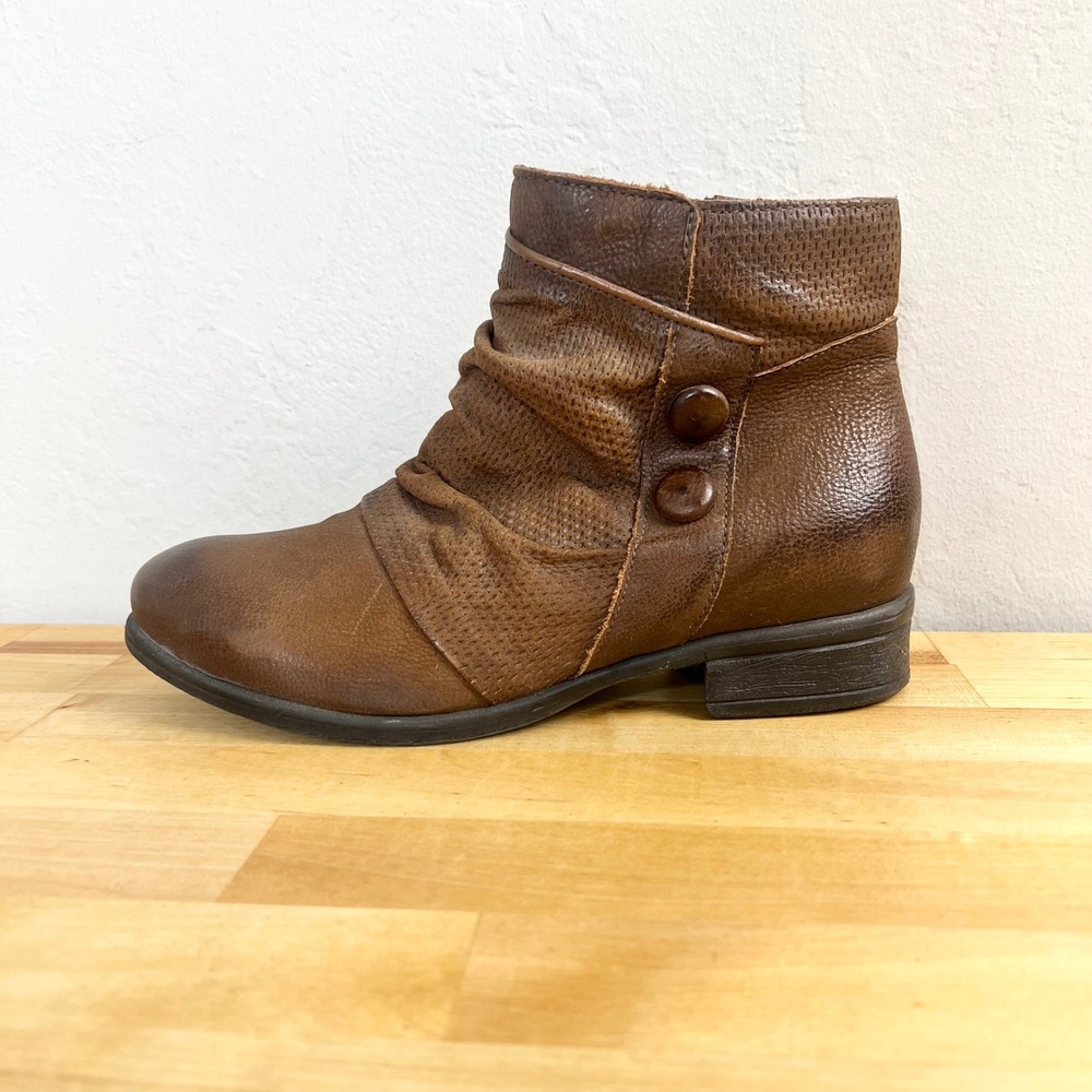 Miz Mooz Ankle Boots Sally Womens Size 36 Brown Leather Ruched Button Zip Casual